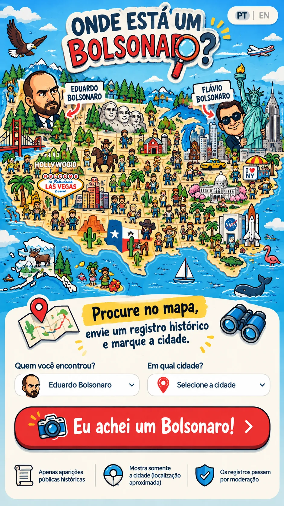 Mapa ilustrado dos Estados Unidos, com multidões, monumentos e caricaturas dos dois personagens